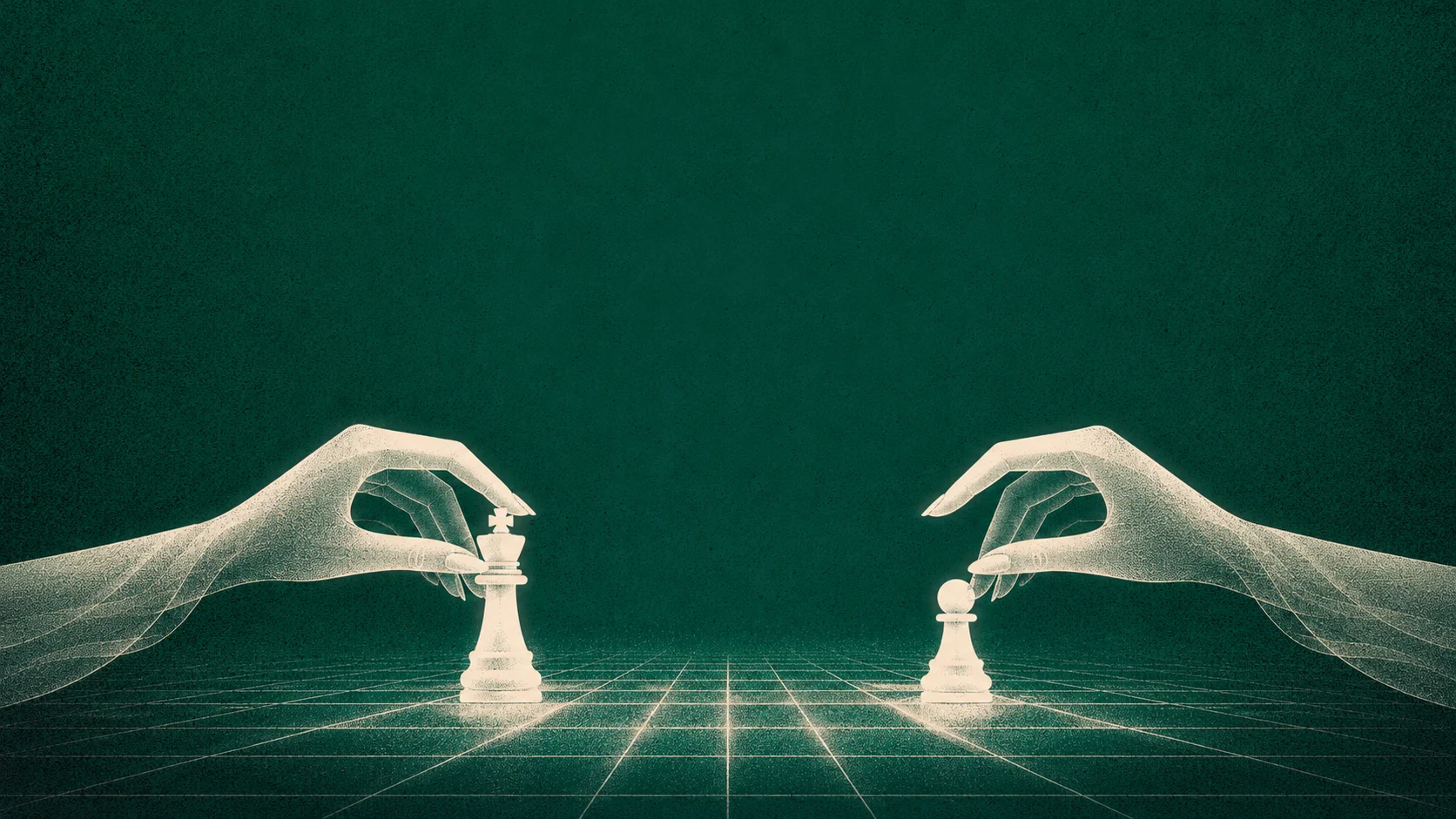 Two hands placing a king and a pawn on a grid